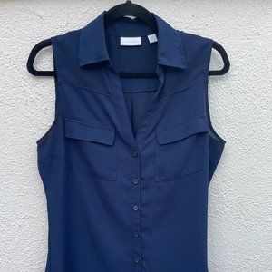 Women's Medium New York & Company Blue/Navy Button Down Sleeveless Shirt